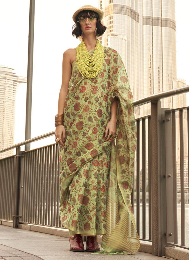 Tissue Parrot Green Festival Wear Printed Saree